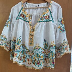 White Embroidered Boho Tunic with Yellow & Teal Accents